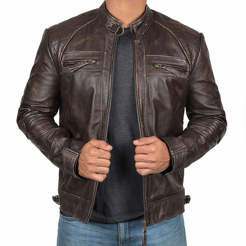 Men's Rugged Biker Jacket with Zipper Pockets and Slim Fit Style 0