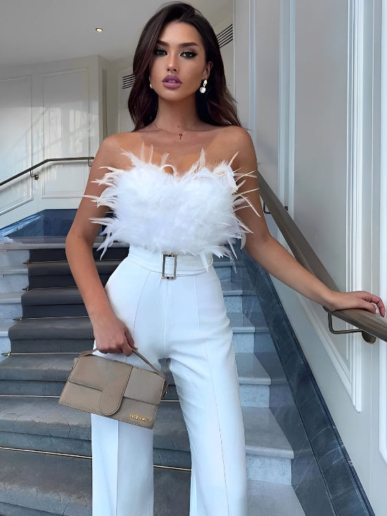 Women's Elegant Jumpsuit with Feather Top - Slim Fit for Special Occasions and Everyday Wear 0